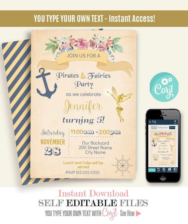 Pirates and Fairies birthday party invitation, editable template, printable, Instant download, Edit with Corjl, A184