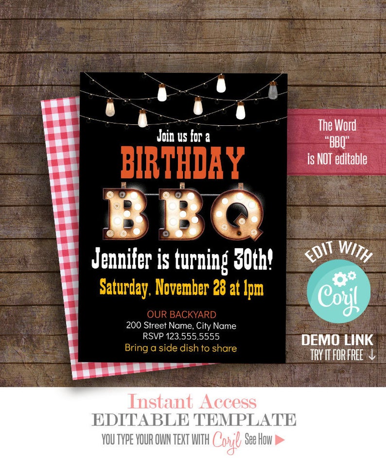 BBQ birthday party invitation, editable template, printable, Instant download, Edit with Corjl, A615