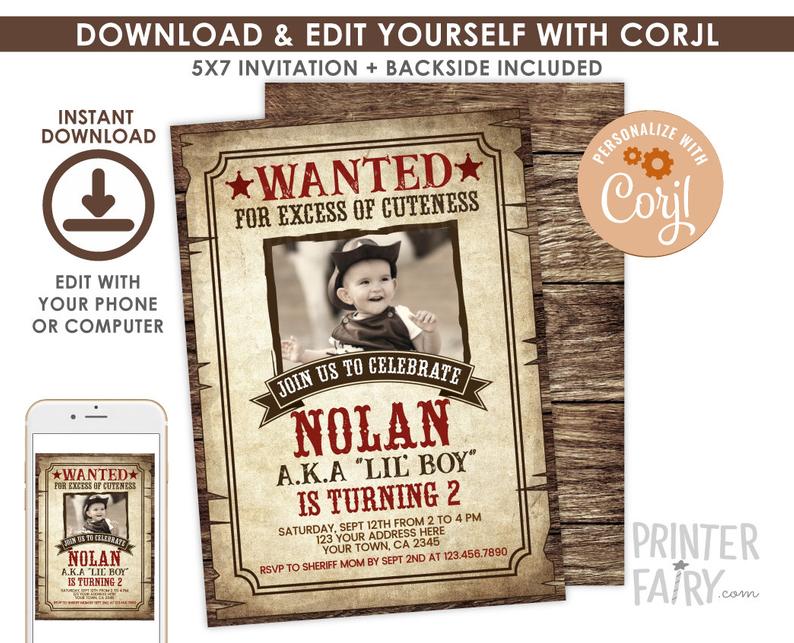 Wanted Poster Birthday Invitation with picture, EDITABLE Western Invitation, Cowboy Birthday Invitation, Wild West Party, INSTANT DOWNLOAD