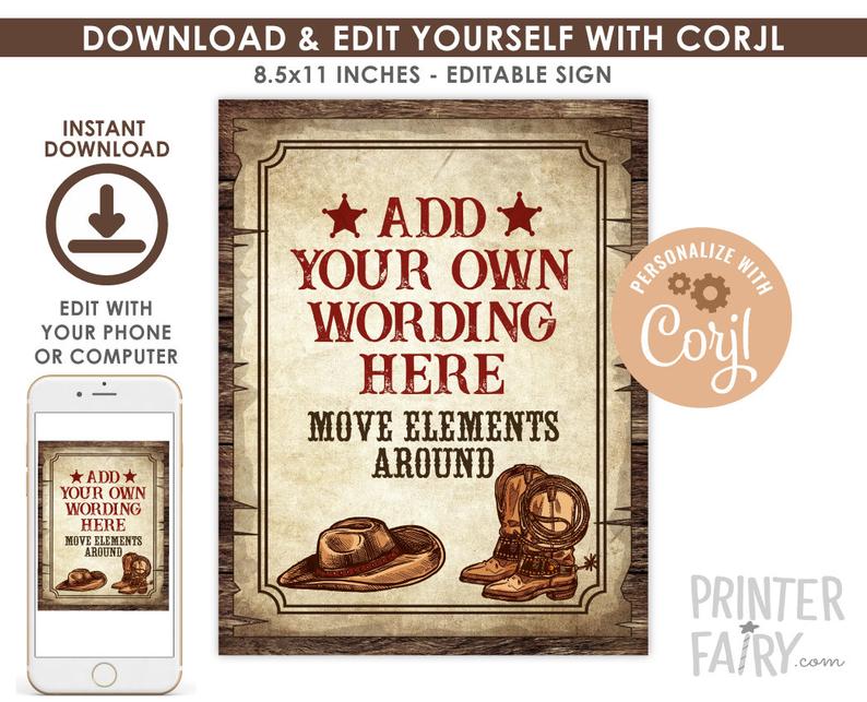 Western Birthday Party Sign, EDITABLE Sign, Cowboy Birthday, Wild West Party, Birthday Decorations, INSTANT DOWNLOAD