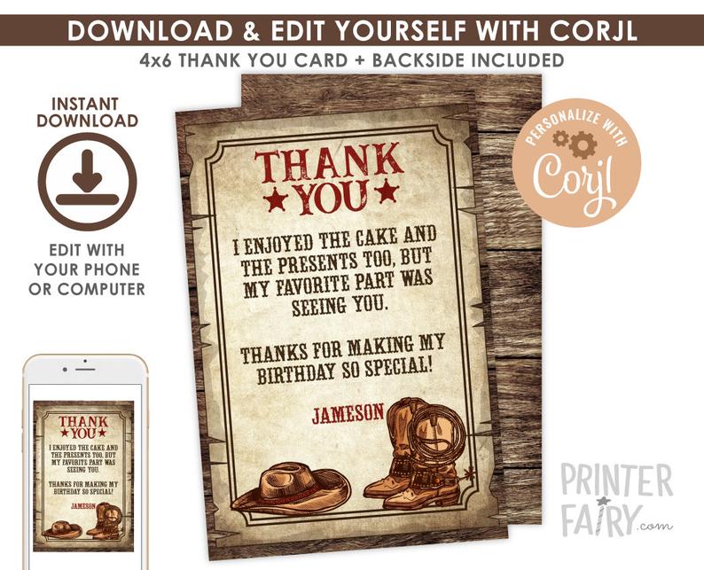 Western Thank You Cards, EDITABLE, Cowboy Birthday Party, Wild West Party, Thank you notes, Cowboy Thank You Cards, INSTANT DOWNLOAD