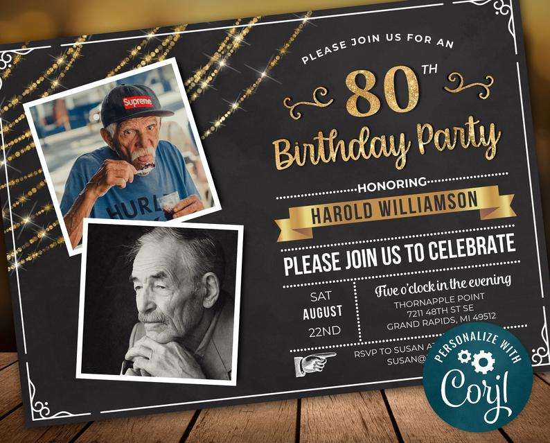 80th Birthday Photo Invitation EIGHTY Invite Party Photo Invite Black – Gold – Digital INSTANT DOWNLOAD 5×7 – Editable – adult mens womans