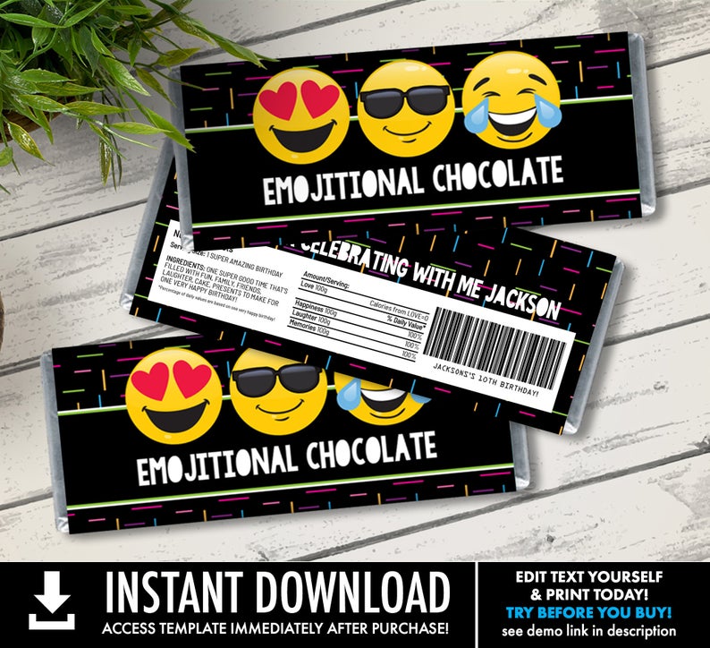 Emoji Candy Bar Wrappers – Emoji Favor, Chocolate Labels, Emoji Birthday Party | Self-Editing with CORJL – INSTANT Download Printable