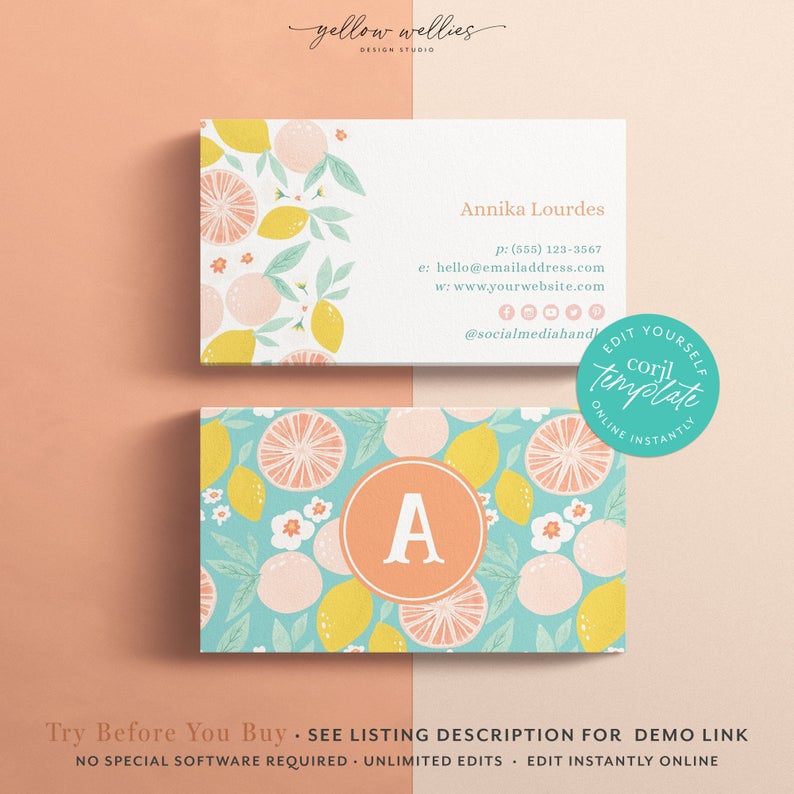 CORJL Editable Business Card Template | Pink Lemon Business Card | Business Branding | Editable Card | Printable Card