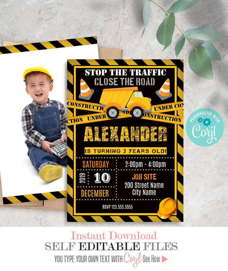 Construction birthday party invitation, Editable template, Instant download, Edit with Corjl, A655