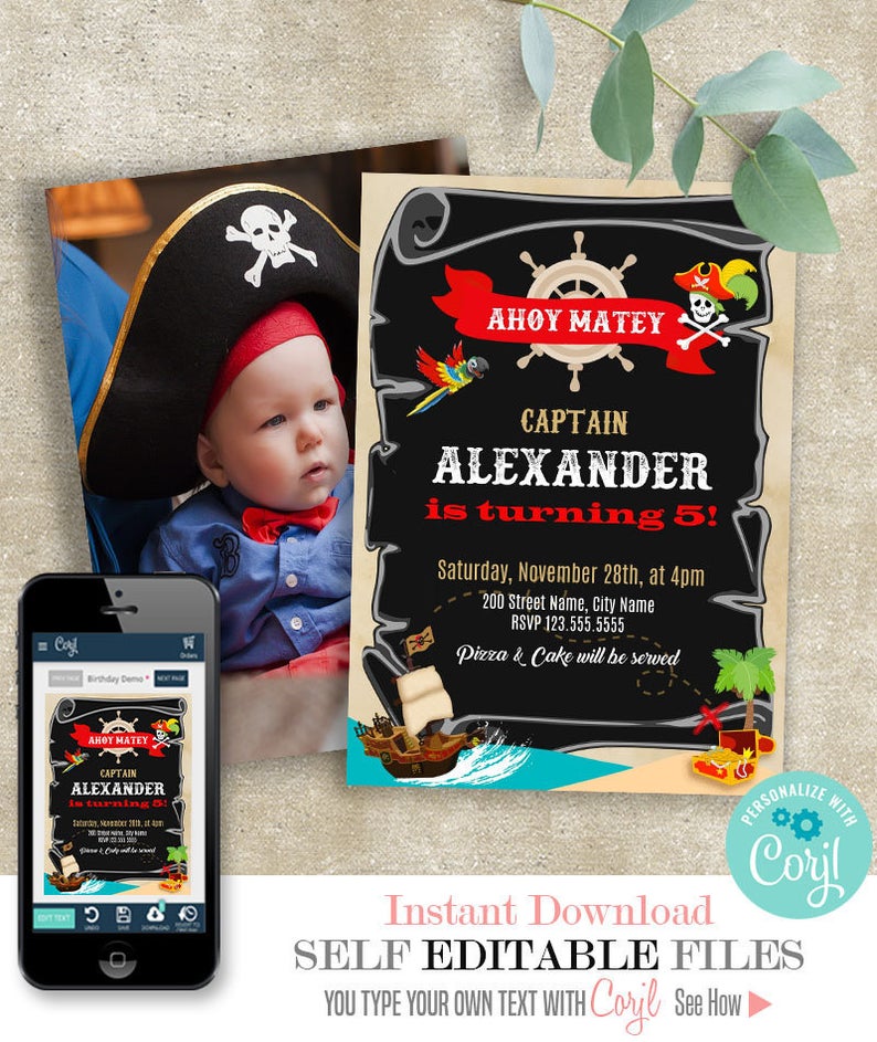 Pirate birthday party invitation, Editable template, Instant download, Edit with Corjl, A674