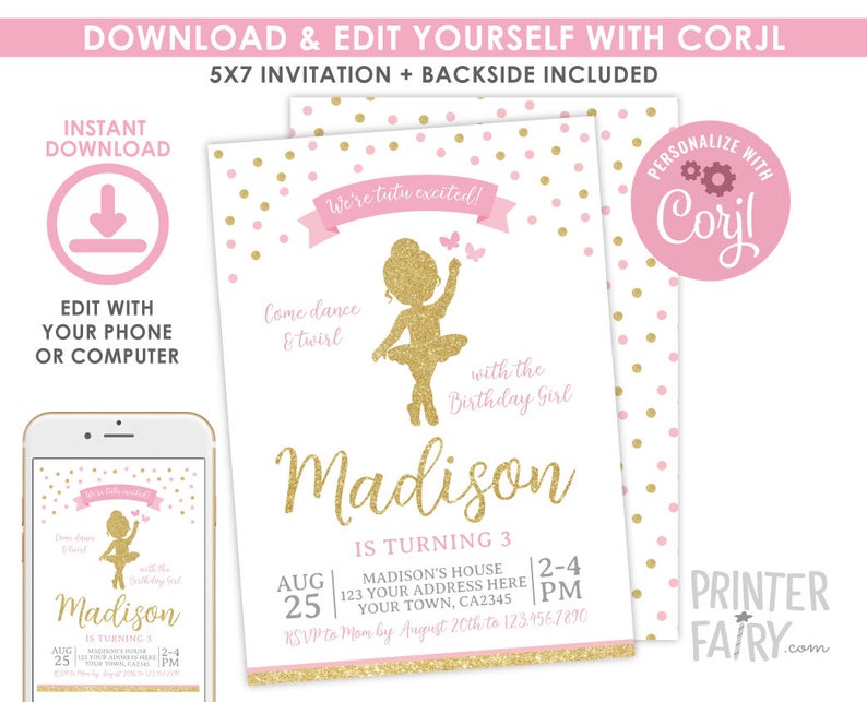 EDITABLE Ballerina Birthday Invitation, Ballet Invitation, Dance Birthday Party, Any age, EDIT YOURSELF Digital Invite