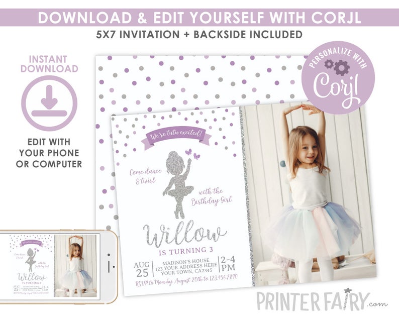 EDITABLE Ballerina Birthday Invitation with photo, Purple and Silver, Ballet Invitation, Dance Party, Any age, EDIT YOURSELF Digital Invite