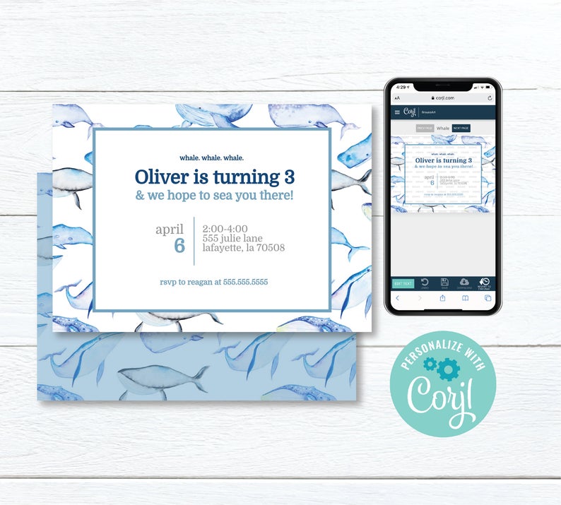 Watercolor Whale Birthday Invitation | Edit & Download