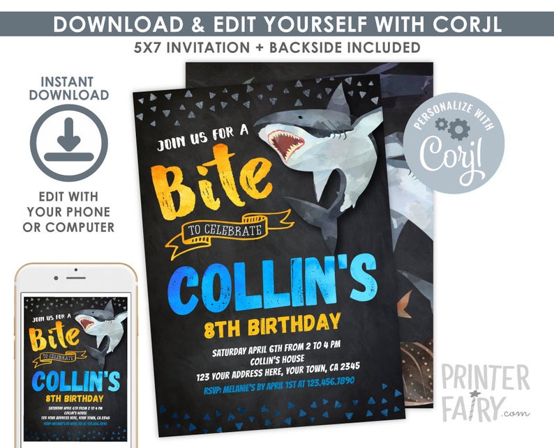 Shark Invitation, EDITABLE, Shark Birthday Invitation, Pool Party, Shark Invite, EDIT YOURSELF Digital Invitation, Instant Download