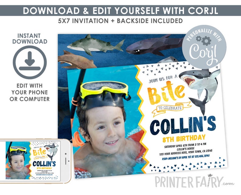 Shark Invitation with photo, EDITABLE, Shark Birthday Invitation, Shark Invite, EDIT YOURSELF Digital Invitation, Instant Download