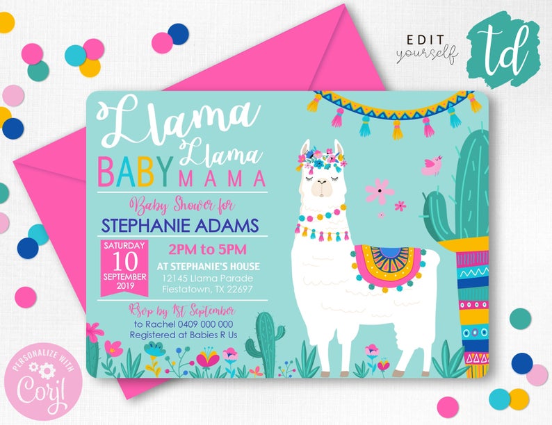 Llama Llama Baby Mama Baby Shower Invitation Llama Baby Shower Invitation Fiesta Llama Baby Shower Invitation Editable Llama Teal Corjl 0267