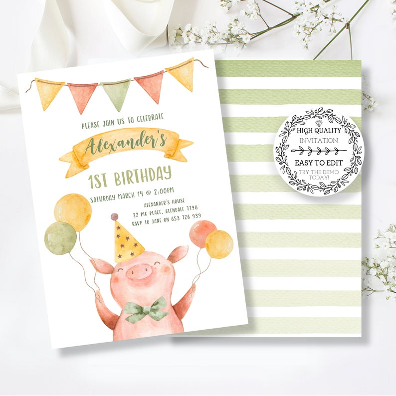 Farm First Birthday, Pig Birthday Invitation, First Birthday Invitation boy, 1st birthday invites farm animals editable. Printable invite