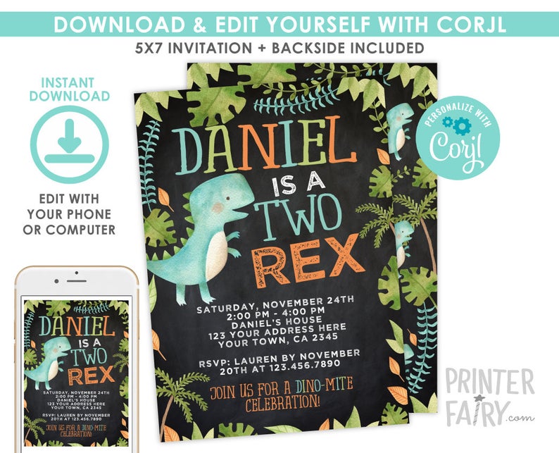 Two Rex Invitation, EDITABLE, Dinosaur Birthday Invitation, Dinosaur Birthday Party, EDIT YOURSELF Digital Invite, Instant Download