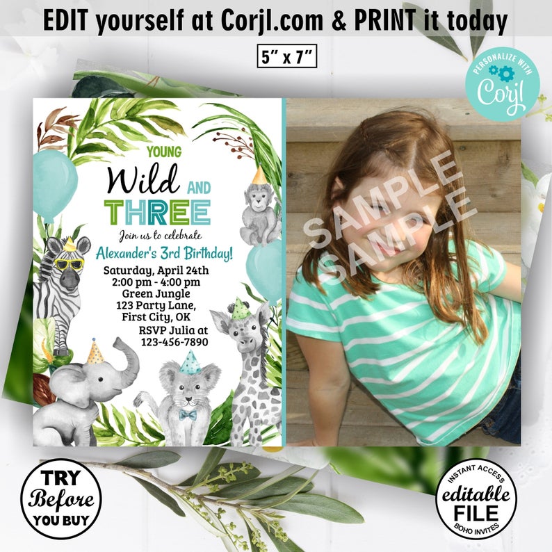 Jungle / safari / wild / party animals / Instant access / Birthday / Invitation / Boy / lion / elephant zebra / monkey giraffe / three BDJ10