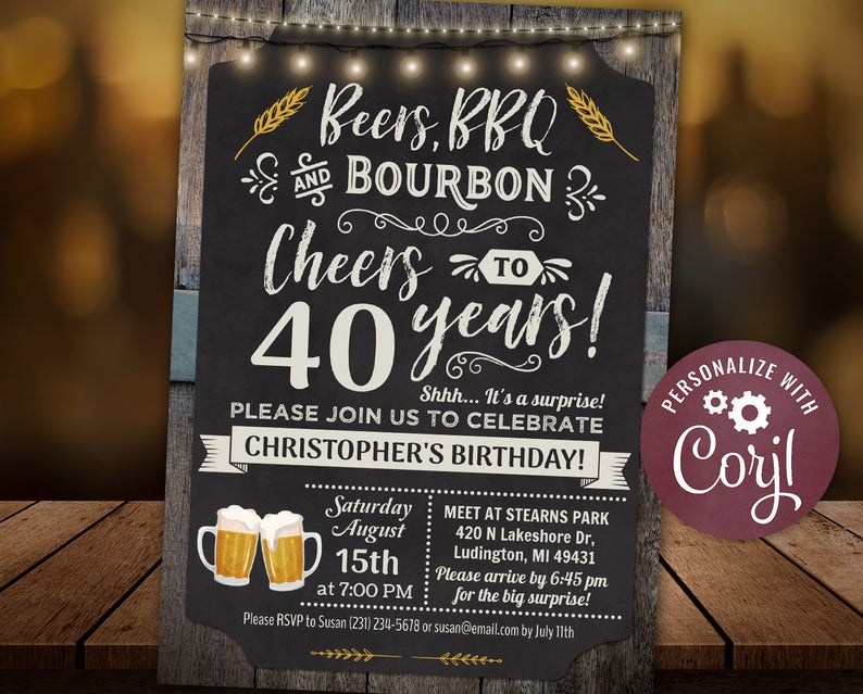 Any Age – Cheers, Beers BBQ and Bourbon Birthday Party Invitation Chalkboard & Wood Digital INSTANT Download 5×7 Editable adult Mens Womens