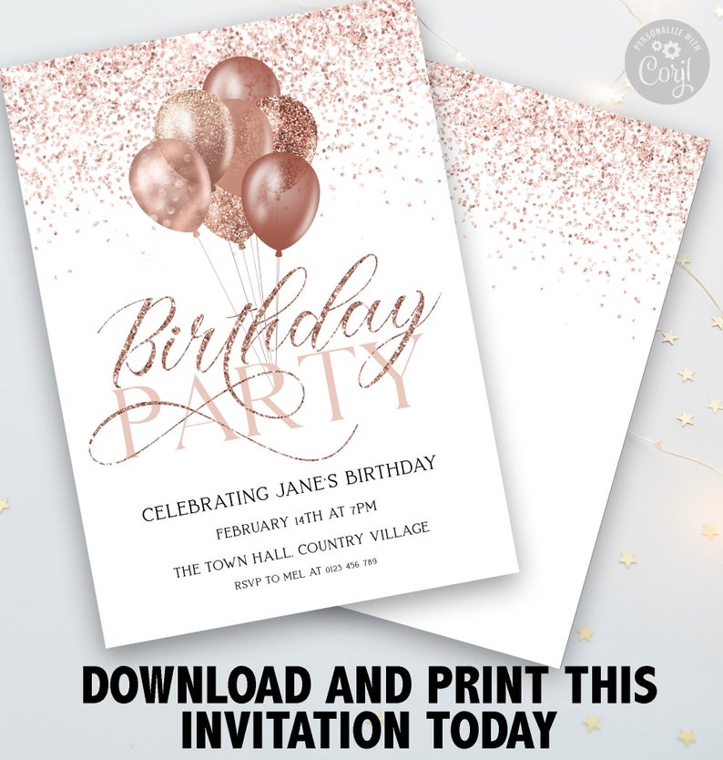Birthday Invitation Download Rose Gold balloons Glitter Party Invite Editable Printable Instant Download Editable template Corjl Invite