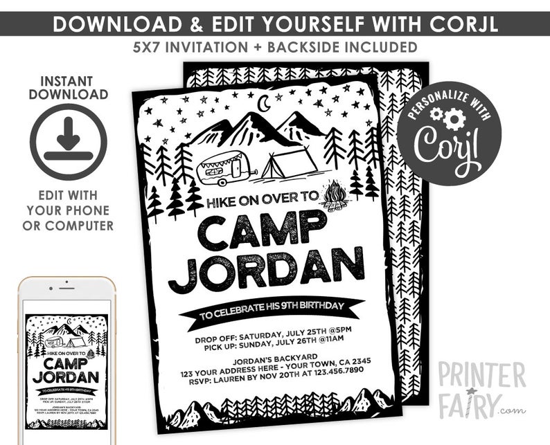 Camping Invitation, EDITABLE, Summer Camp Party, Sleepover Invitation, Backyard Birthday Party, Black & White, INSTANT DOWNLOAD