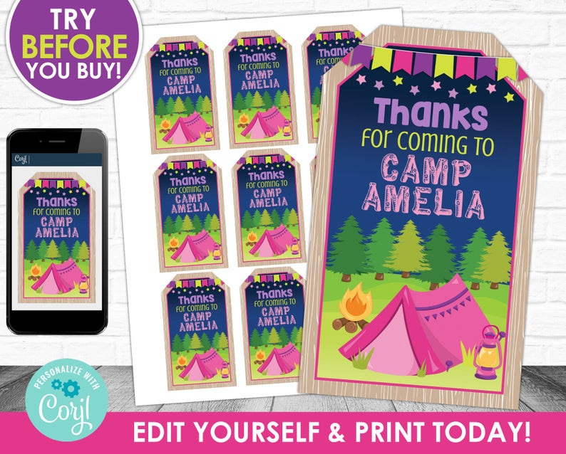 Camping Thank You Tag, Printable Favor Tag, Glamping Thank You Tag, Girl Camper Thank You, Editable Favour Tag Corjl S0022 (PDF File only) USD 3.83