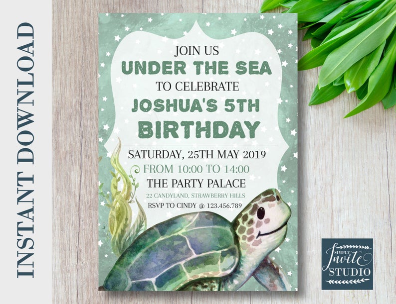 INSTANT DOWNLOAD Under The Sea Birthday Invitation, Sea Turtle Birthday Template, Girl/Boy Birthday Invitation, Editable, Corjl