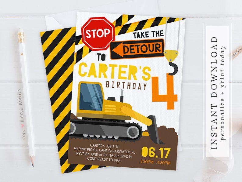 Construction Birthday Invitation Instant Download, Construction Invitation, Construction Birthday Party, Construction Theme, Bulldozer | 741