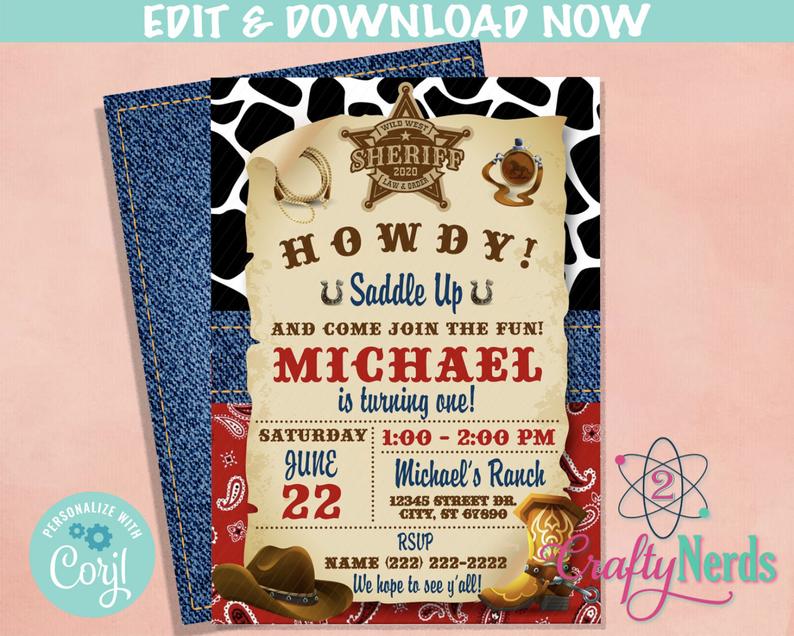 Cowboy Wild West Birthday Invitation, Western Party | Editable Instant Download | Edit Online NOW Corjl | INSTANT ACCESS