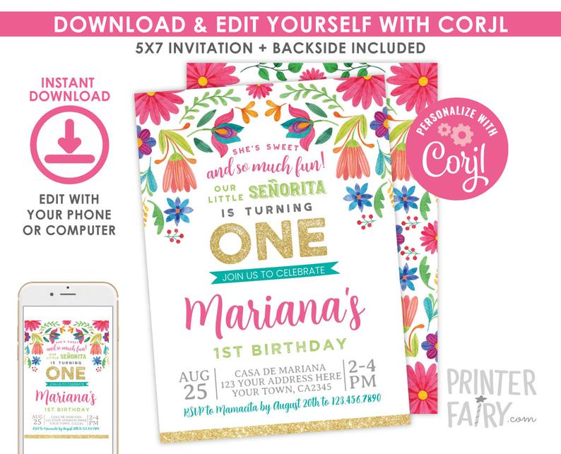 EDITABLE Fiesta 1st Birthday Invitation, Cinco de Mayo Birthday Party, Little Senorita, Any Age, EDIT YOURSELF Digital Invite