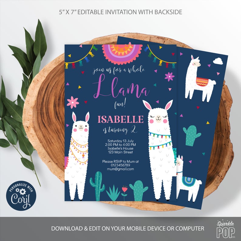 Llama Invitation, Llama Birthday Party Printable, Editable Invitation