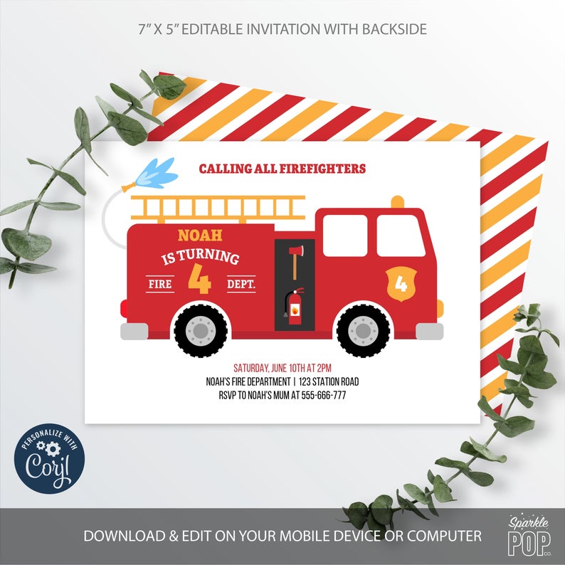 Fire Truck Birthday Invitation, Printable Fire Engine Invitation, Firefighter, Fireman