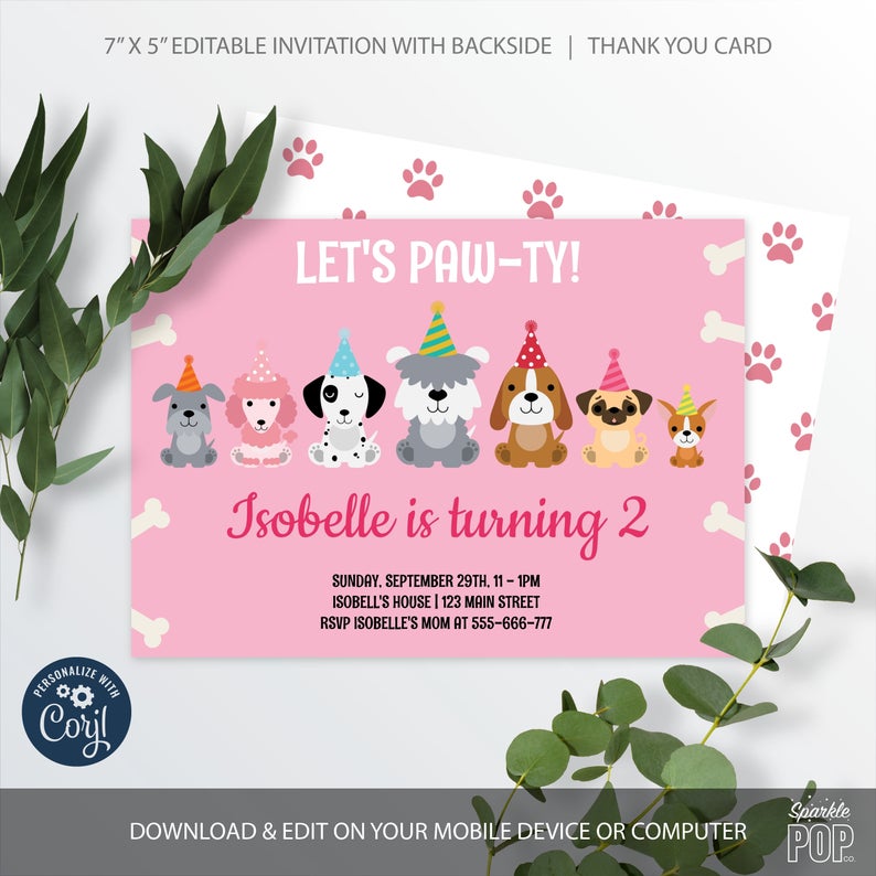 Dog Birthday Invitation, Pink Puppy Party Editable Invitation, INSTANT DOWNLOAD 0003