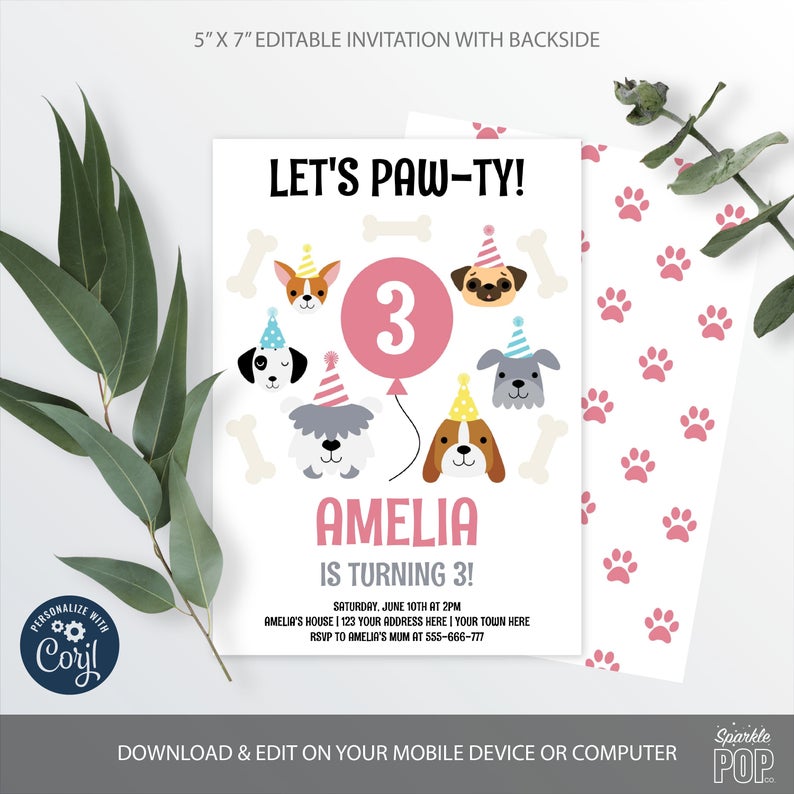 Dog Birthday Invitation, Puppy Party Editable Invitation, INSTANT DOWNLOAD 0003
