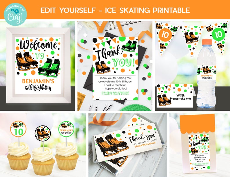 ICE SKATING PARTY Package Instant download Ice Skating Printable Girl Ice Skating Party Editable Ice Skating Decorations Pink Ice Skating