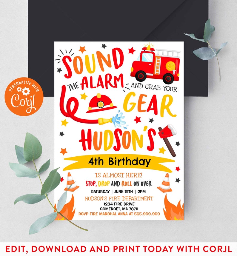Firetruck Invitation Firetruck Birthday Invitation Firefighter Birthday Invite Fireman Birthday Invitation Instant Editable File Corjl X4