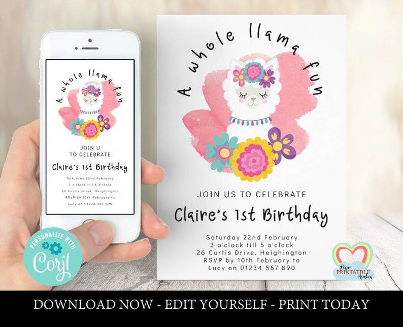 llama 1st birthday invitation template whole llama fun birthday invite printable 1st birthday girl invite instant download corjl invitation