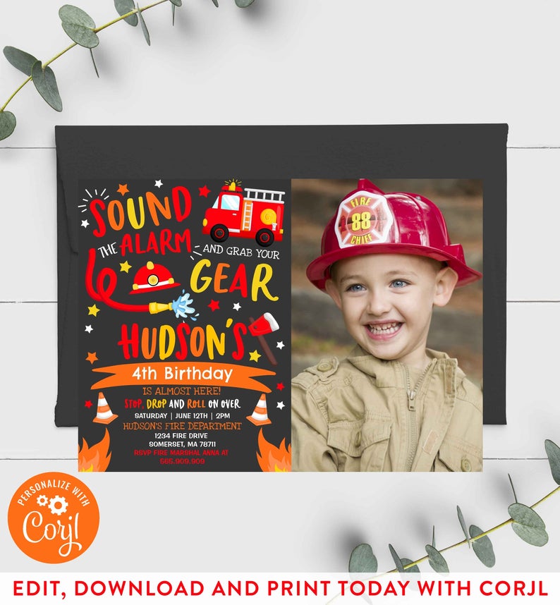 Firetruck Invitation Firetruck Birthday Invitation Firefighter Birthday Invite Fireman Birthday Invitation Instant Editable File Corjl X4