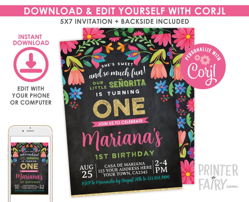 EDITABLE Fiesta 1st Birthday Invitation Chalkboard, Cinco de Mayo Birthday Party, Little Senorita, Any Age, EDIT YOURSELF Digital Invite