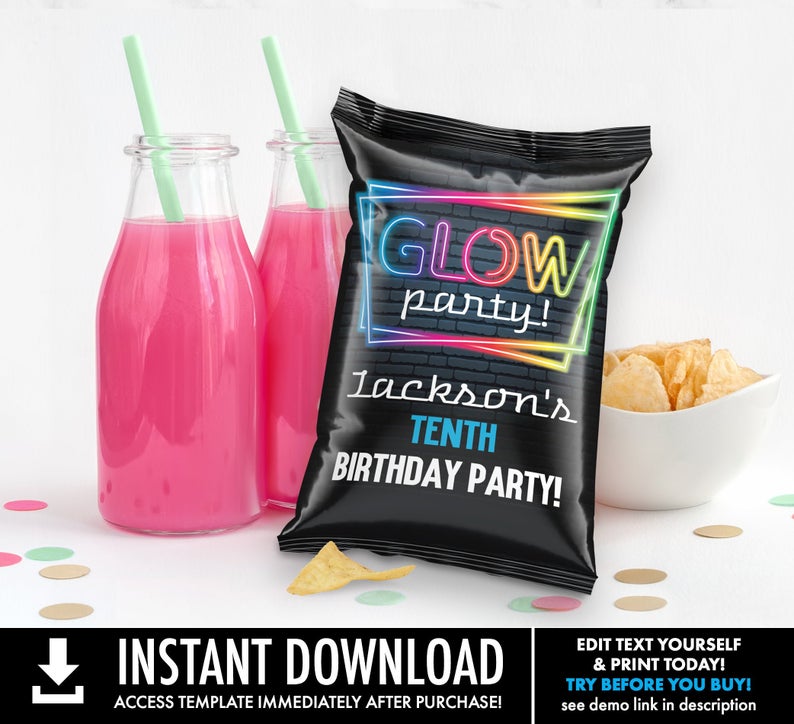 Glow Party Potato Chip Bag Wrap/Label/Template – Snacks Bag, Loot, Mini Chip Bag Favors | Self-Edit with CORJL – INSTANT Download Printable