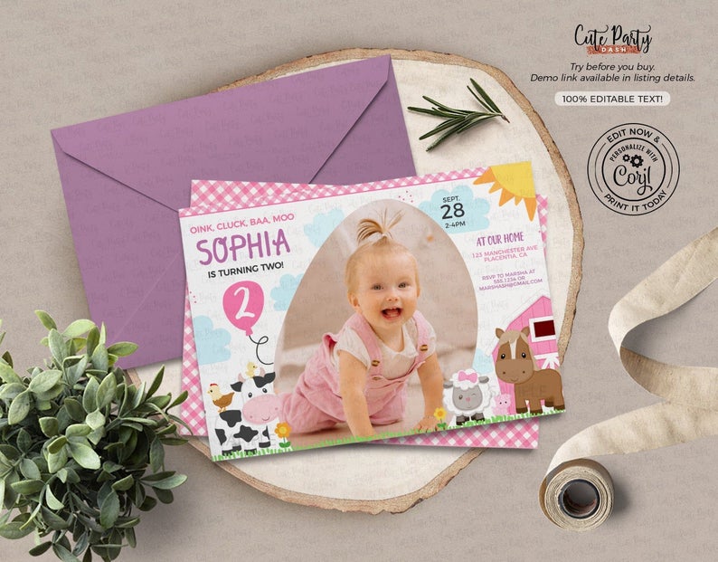 INSTANT DOWNLOAD – EDITABLE Girls Barnyard Birthday Photo invitation girl Farm Animal pink Barnyard decor barnyard birthday corjl invitation