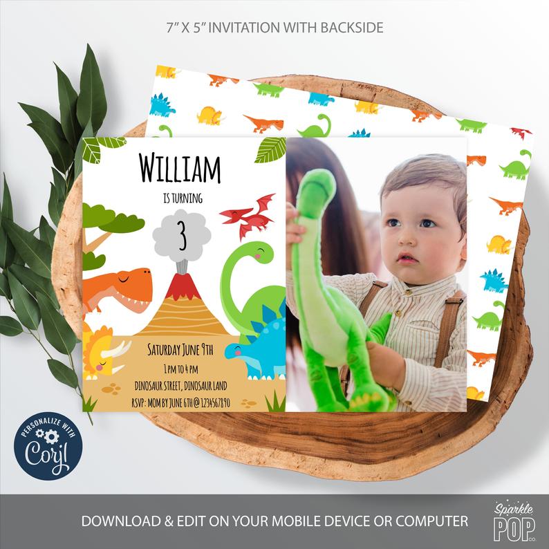 Dinosaur Invitation with Photo, Dinosaur Birthday Party Printable, Editable Digital Invitation