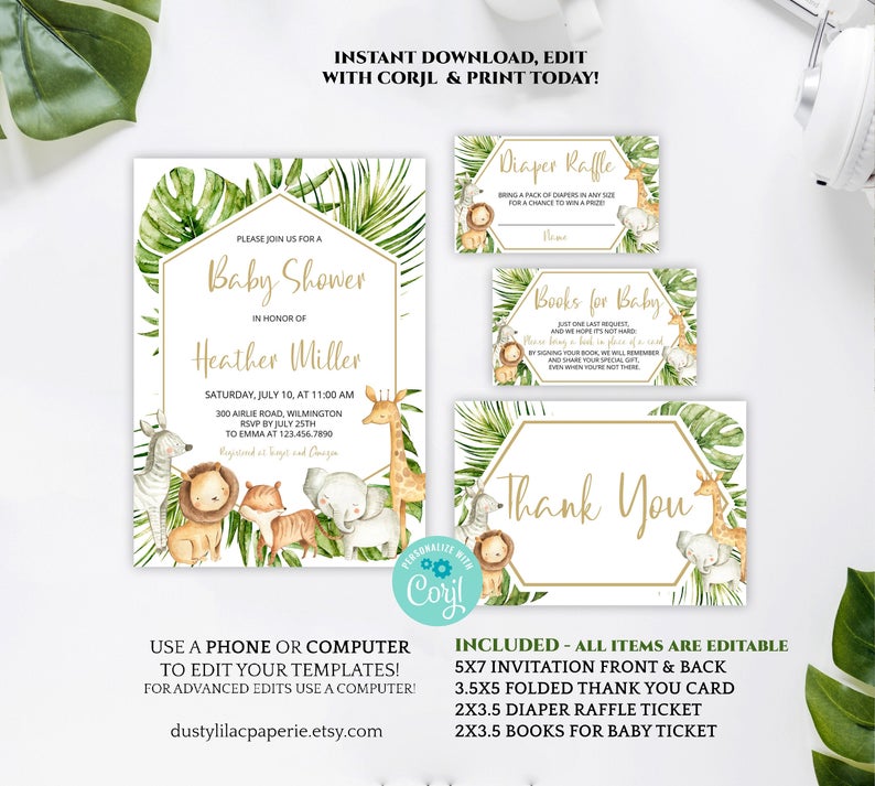 jungle theme baby shower invitation set, editable gender neutral safari animals baby shower invite, gold frame tropical leaves DLPB47