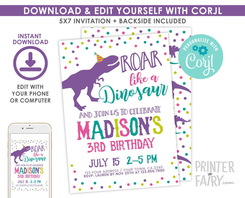 Dinosaur Girl Invitation EDITABLE, Dinosaur Birthday Invitation, Dinosaur Party, Any age, EDIT YOURSELF Digital Invite, Instant Download