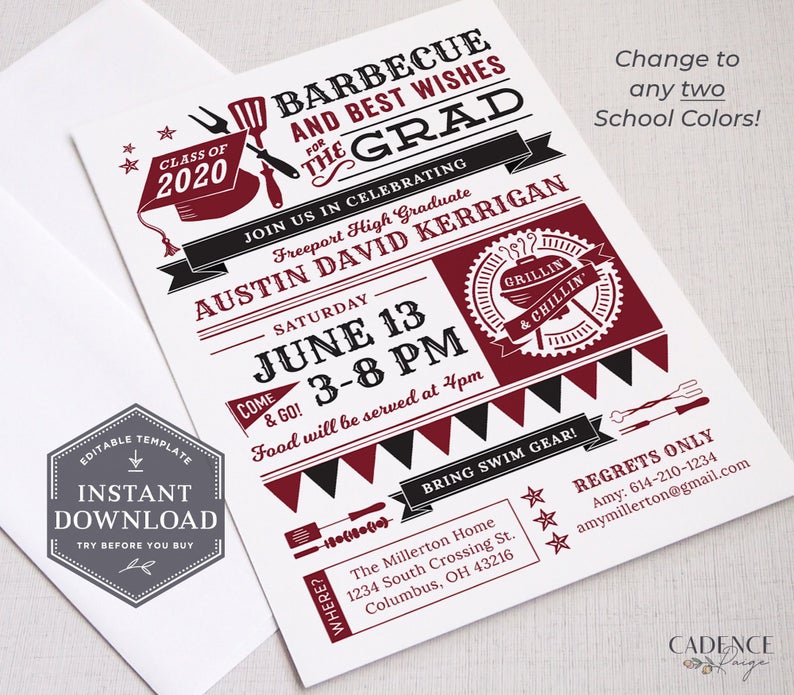 BBQ Graduation Party Invite, BBQ Graduation, Barbecue Graduation, Rustic Graduation Party Invite, Printable Invitation, Rustic BBQ Invite