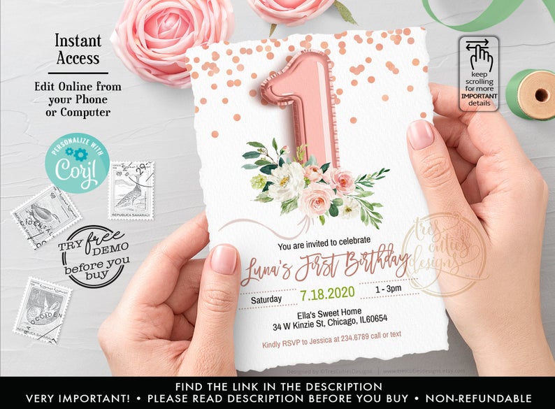 First Birthday Invitation Girl Floral, Blush Pink Floral Invite,Baby’s First Birthday, Rose Gold Balloon, Floral Baby’s First Birthday Party