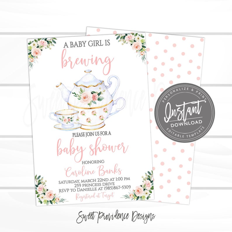 Pink Floral A Baby is Brewing Invitation Template, EDITABLE Tea Party Baby Shower Invite Set, Watercolor Floral Teapot, DIY Instant Access