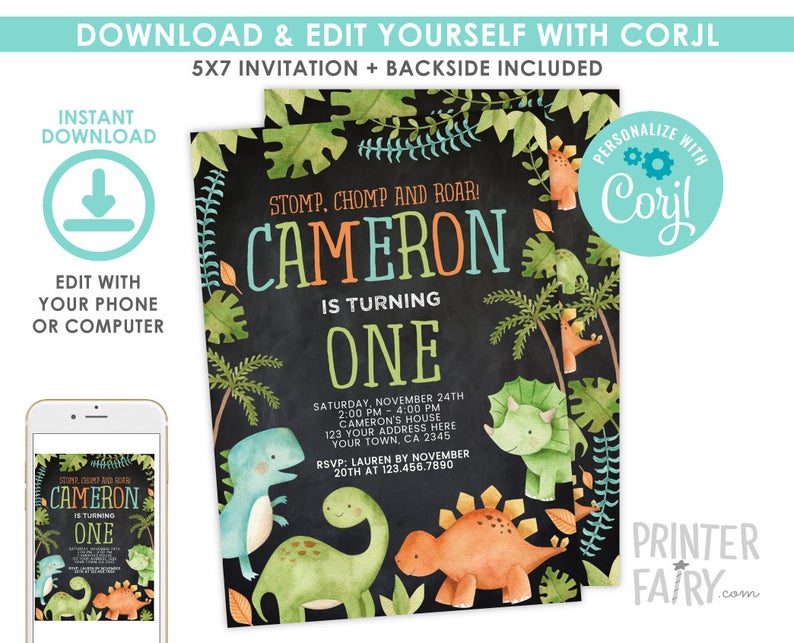 Dinosaur Invitation EDITABLE, Dinosaur Birthday Invitation, Dinosaur Birthday Party, Any age, EDIT YOURSELF Digital, Instant Download, Black