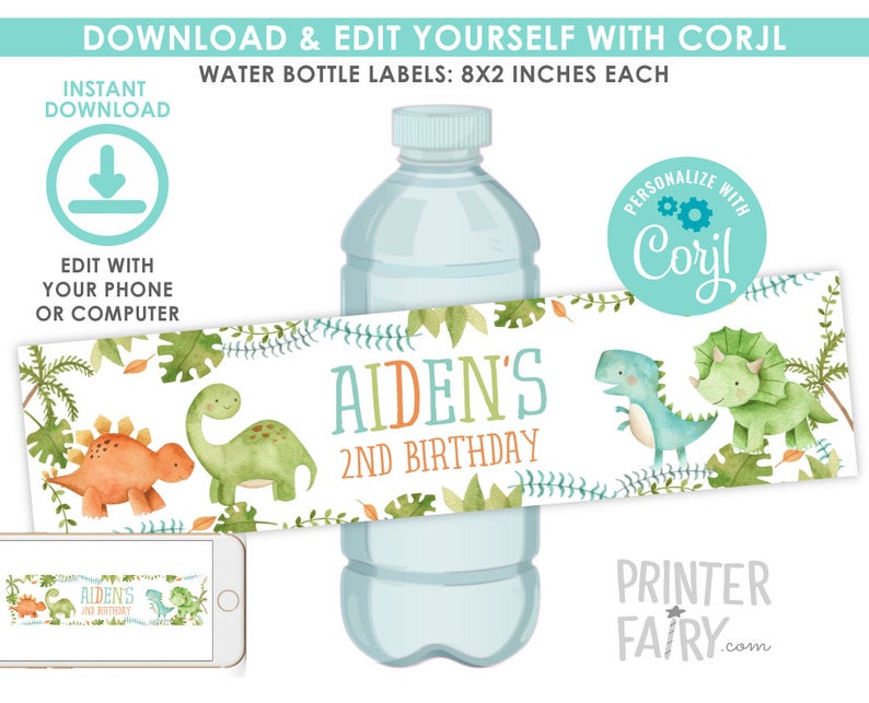 Dinosaur Water Bottle Labels, EDITABLE, Dinosaur Birthday Party, Dinosaur Birthday Decorations, Dinosaur Labels, INSTANT DOWNLOAD