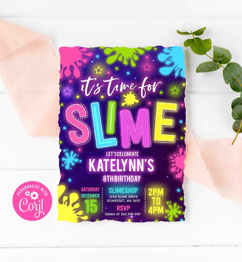Editable Slime Invitation Glow Slime Invitation Neon Slime Birthday Invite Time For Slime Experiment Slime Party Instant Download GS