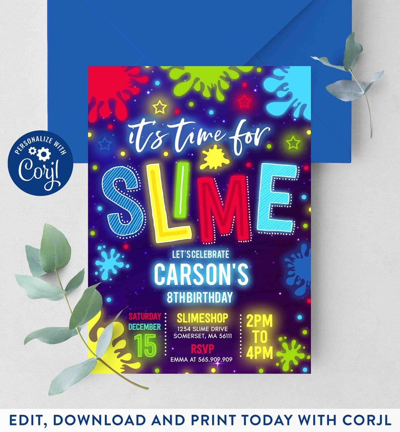 Editable Slime Invitation Glow Slime Invitation Neon Slime Birthday Invite Time For Slime Experiment Slime Party Instant Download GS