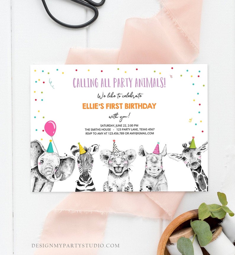Editable Party Animals Birthday Invitation Wild One Animals Invitation Zoo Safari Animals Girl Download Printable Invite Template Corjl 0322