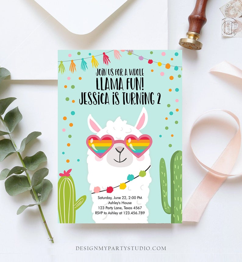 Editable Whole Llama Fun Birthday Invitation Llama Fiesta Cactus Sunglasses Girl Blue Alpaca Instant Download Printable Template Corjl